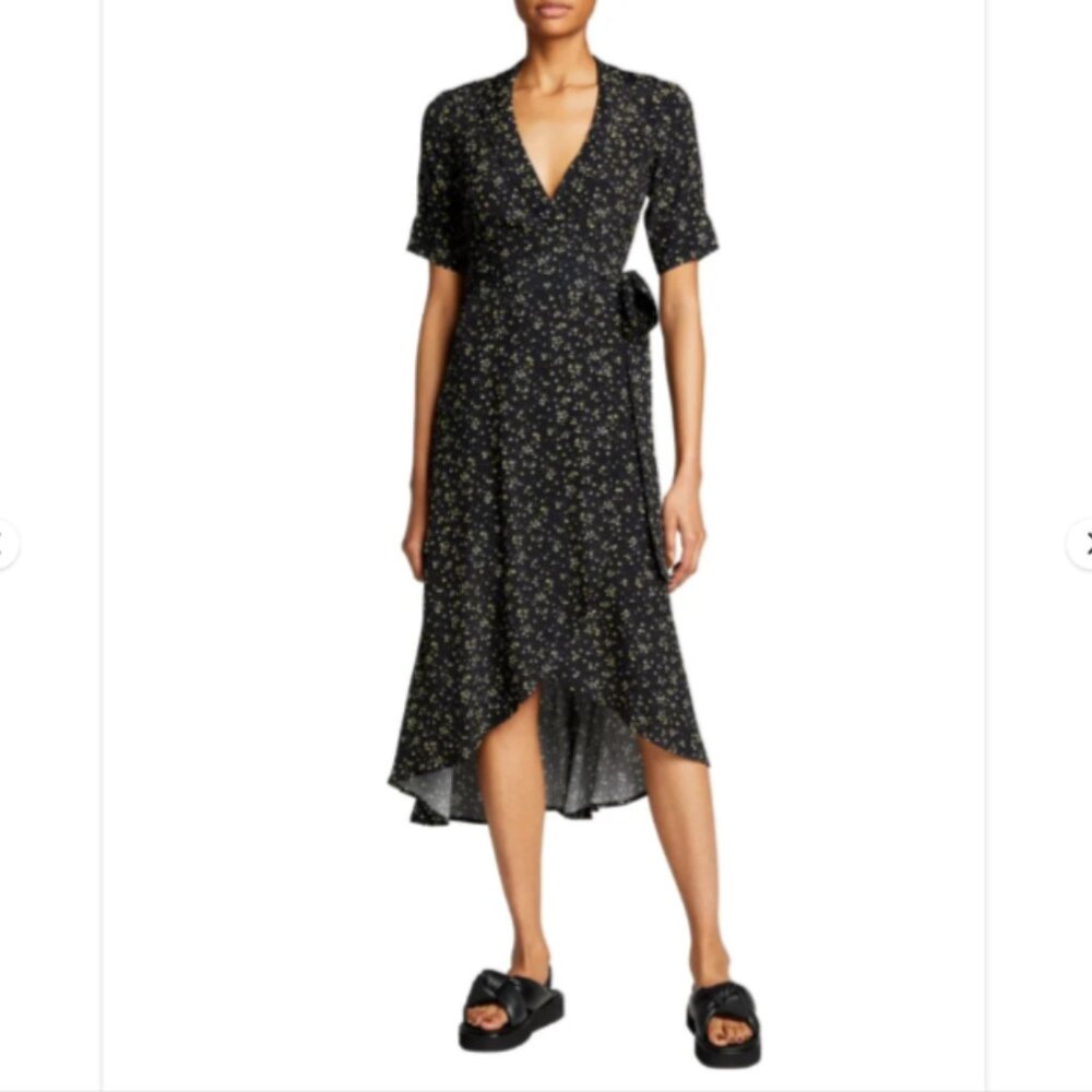 NWT GANNI  Womens Black Floral Wrap Dress Midi Size 32,‎ US 0